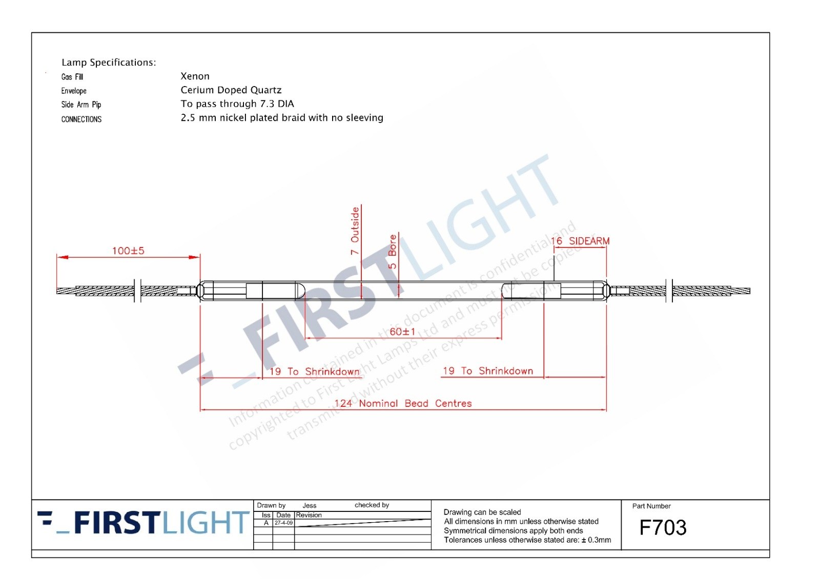 Ксеноновая лампа F703 Firstlight — технический чертёж с размерами